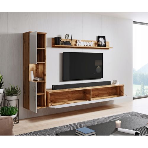Meuble Mural 3 Pièces LED: Colonne + TV 180 Cm, Chêne Wotan / Blanc Brillant