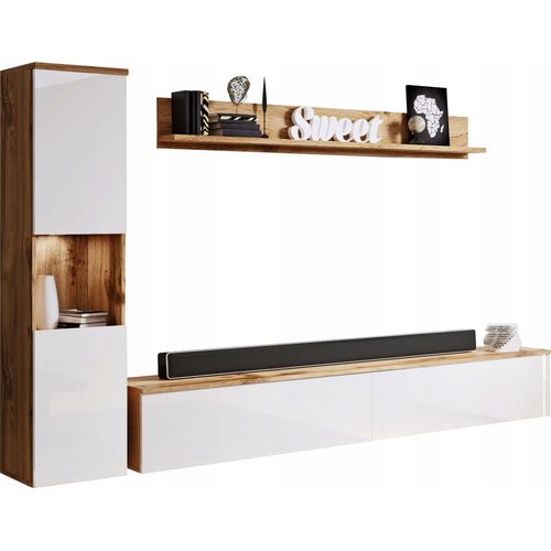 Meuble Mural 3 Pièces LED: Colonne + TV 180 Cm, Chêne Wotan / Blanc Brillant