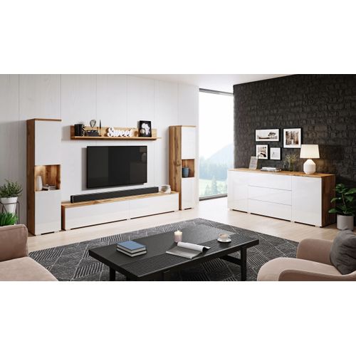 Mur TV 4 Pièces LED: 2 Colonnes + TV 180 Cm + Étagère, Chêne Wotan / Blanc Brillant