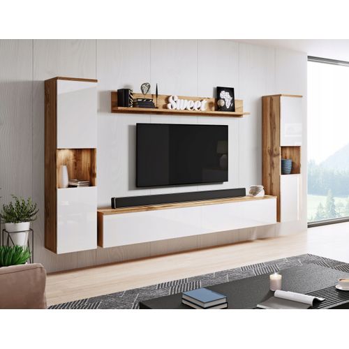 Mur TV 4 Pièces LED: 2 Colonnes + TV 180 Cm + Étagère, Chêne Wotan / Blanc Brillant