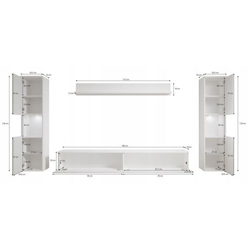 Mur TV 4 Pièces LED: 2 Colonnes + TV 180 Cm + Étagère, Chêne Wotan / Blanc Brillant