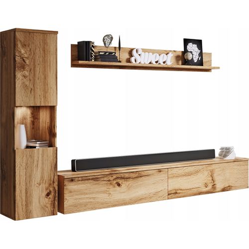 Meuble Mural 3 Pièces LED: Colonne + TV 180 Cm, Chêne Wotan Mat