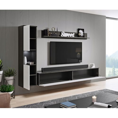 Meuble Mural 3 Pièces LED: Colonne + TV 180 Cm, Anthracite Mat / Blanc Brillant
