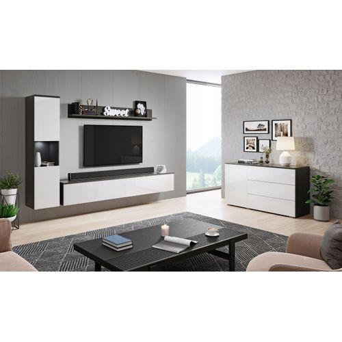 Meuble Mural 3 Pièces LED: Colonne + TV 180 Cm, Anthracite Mat / Blanc Brillant