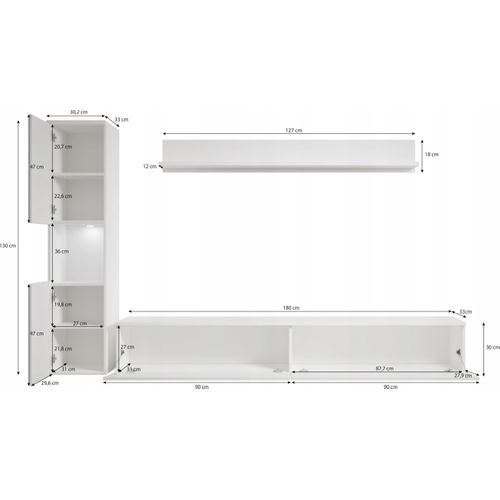 Meuble Mural 3 Pièces LED: Colonne + TV 180 Cm, Anthracite Mat / Blanc Brillant