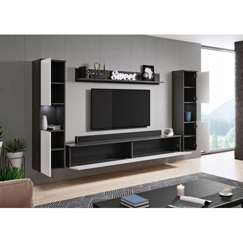 Mur TV 4 Pièces LED: 2 Colonnes + TV 180 Cm + Étagère, Anthracite Mat / Blanc Brillant