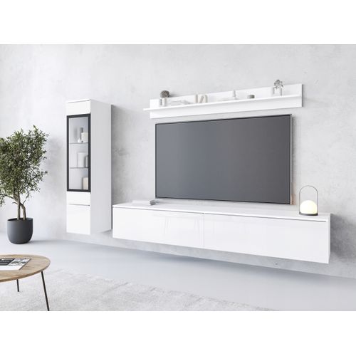 Ensemble Salon 3 Éléments LED: TV 180 + Vitrine + Étagère, Blanc Mat / Blanc Brillant