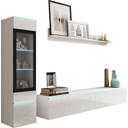 Ensemble Salon 3 Éléments LED: TV 180 + Vitrine + Étagère, Blanc Mat / Blanc Brillant