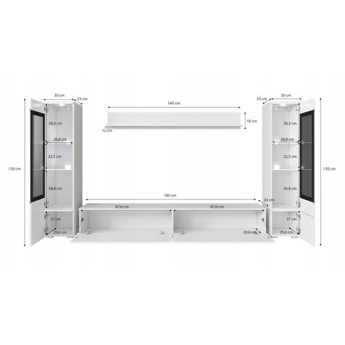 Ensemble Salon 4 Éléments LED: TV 180 + 2 Vitrines + Étagère, Blanc Mat / Blanc Brillant