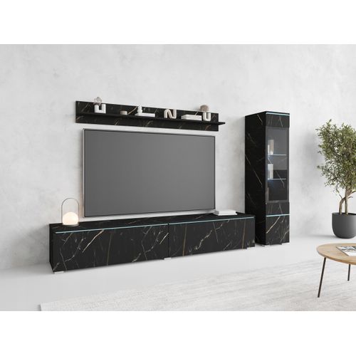 Ensemble Salon 3 Éléments LED: TV 180 + Vitrine + Étagère, Marbre Mat