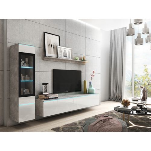 Ensemble Salon 3 Éléments LED: TV 180 + Vitrine + Étagère, Béton Mat / Blanc Brillant