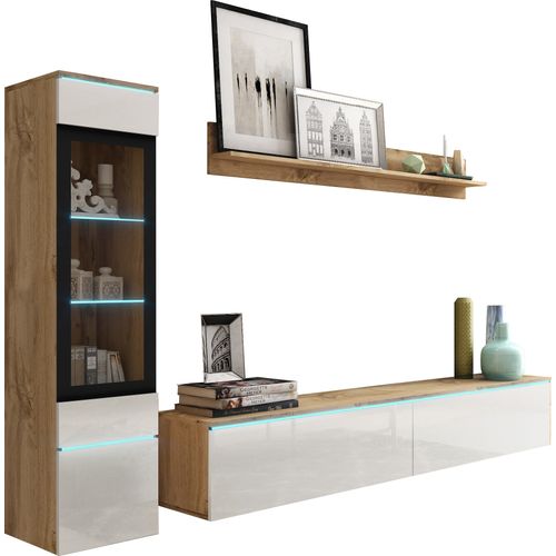 Ensemble Salon 3 Éléments LED: TV 180 + Vitrine + Étagère, Chêne Wotan / Blanc Brillant