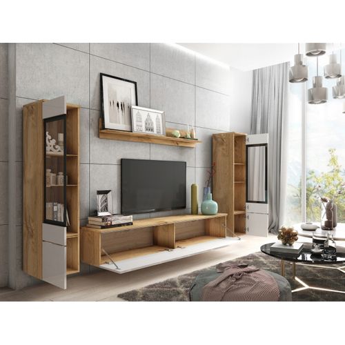 Ensemble Salon 4 Éléments LED: TV 180 + 2 Vitrines + Étagère, Chêne Wotan / Blanc Brillant