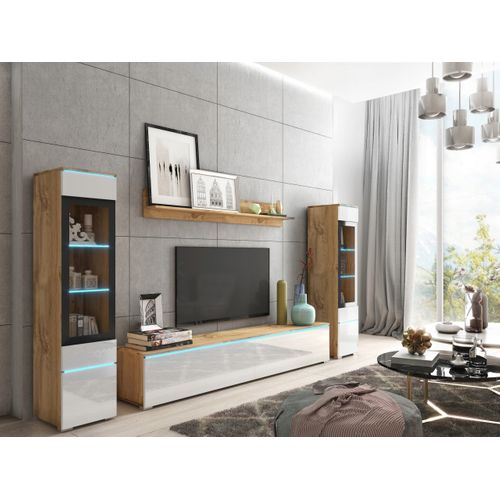 Ensemble Salon 4 Éléments LED: TV 180 + 2 Vitrines + Étagère, Chêne Wotan / Blanc Brillant