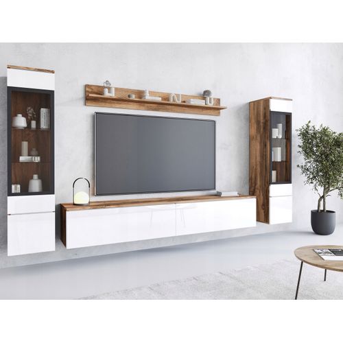 Ensemble Salon 4 Éléments LED: TV 180 + 2 Vitrines + Étagère, Chêne Wotan / Blanc Brillant