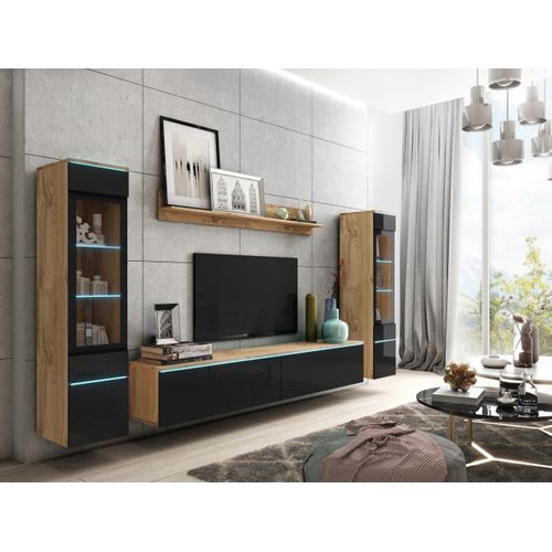 Ensemble Salon 4 Éléments LED: TV 180 + 2 Vitrines + Étagère, Chêne Wotan / Noir Brillant