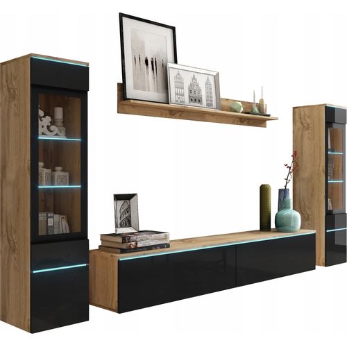 Ensemble Salon 4 Éléments LED: TV 180 + 2 Vitrines + Étagère, Chêne Wotan / Noir Brillant