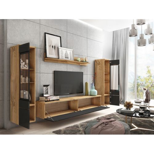 Ensemble Salon 4 Éléments LED: TV 180 + 2 Vitrines + Étagère, Chêne Wotan / Noir Brillant