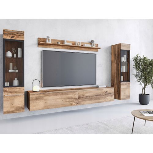 Ensemble Salon 4 Éléments LED: TV 180 + 2 Vitrines + Étagère, Chêne Wotan