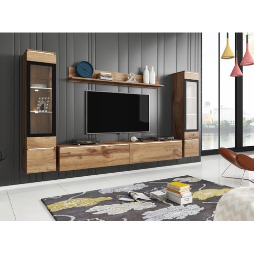 Ensemble Salon 4 Éléments LED: TV 180 + 2 Vitrines + Étagère, Chêne Wotan
