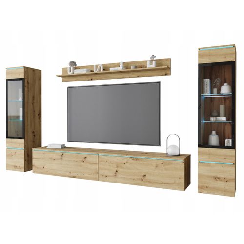 Ensemble Salon 4 Éléments LED: TV 180 + 2 Vitrines + Étagère, Chêne Artisan