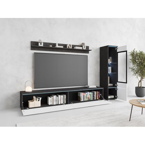 Ensemble Salon 3 Éléments LED: TV 180 + Vitrine + Étagère, Anthracite / Blanc Brillant