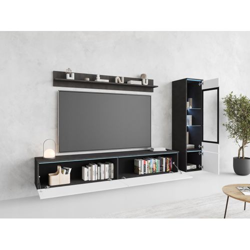 Ensemble Salon 3 Éléments LED: TV 180 + Vitrine + Étagère, Anthracite / Blanc Brillant