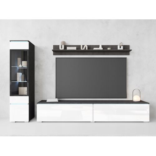 Ensemble Salon 3 Éléments LED: TV 180 + Vitrine + Étagère, Anthracite / Blanc Brillant