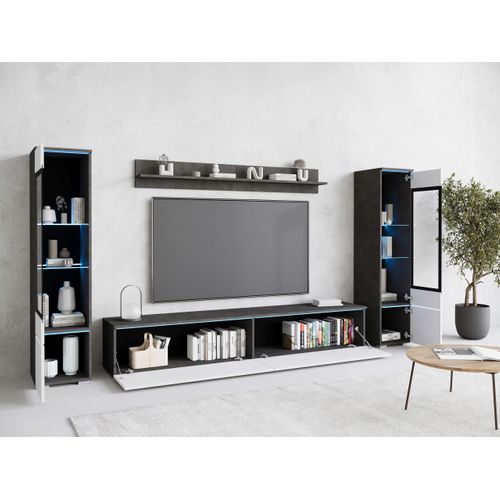 Ensemble Salon 4 Éléments LED: TV 180 + 2 Vitrines + Étagère, Anthracite / Blanc Brillant
