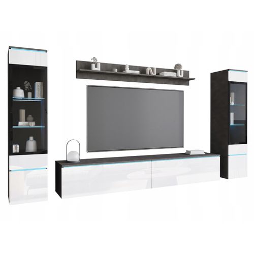 Ensemble Salon 4 Éléments LED: TV 180 + 2 Vitrines + Étagère, Anthracite / Blanc Brillant