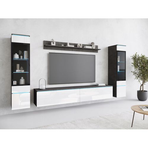 Ensemble Salon 4 Éléments LED: TV 180 + 2 Vitrines + Étagère, Anthracite / Blanc Brillant