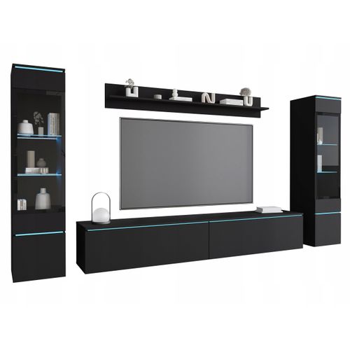 Ensemble Salon 4 Éléments LED: TV 180 + 2 Vitrines + Étagère, Noir Mat