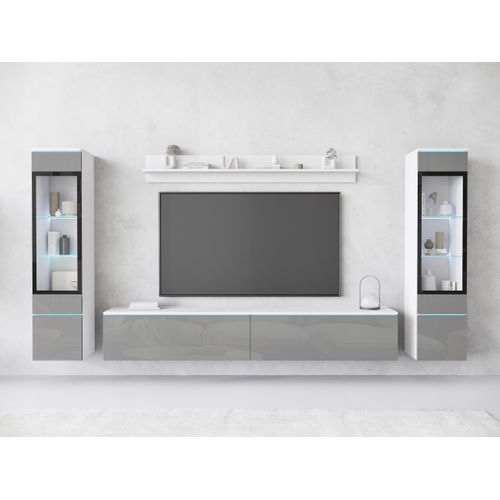 Ensemble Salon 4 Éléments LED: TV 180 + 2 Vitrines + Étagère, Blanc Mat / Gris Brillant
