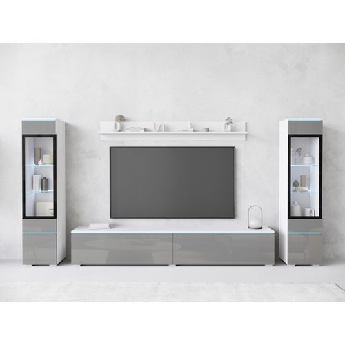 Ensemble Salon 4 Éléments LED: TV 180 + 2 Vitrines + Étagère, Blanc Mat / Gris Brillant