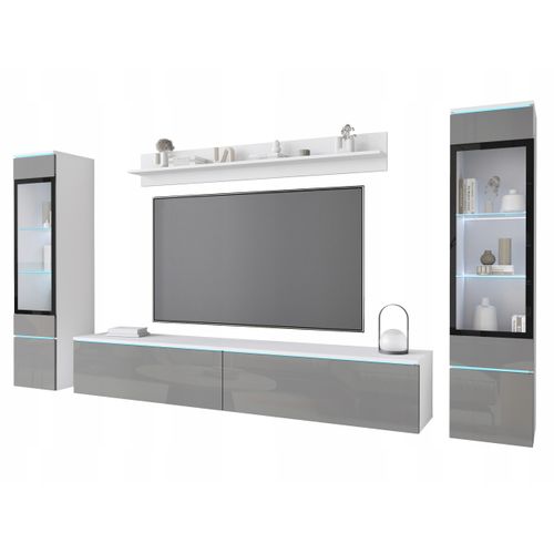 Ensemble Salon 4 Éléments LED: TV 180 + 2 Vitrines + Étagère, Blanc Mat / Gris Brillant