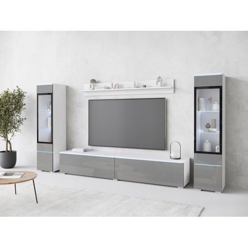 Ensemble Salon 4 Éléments LED: TV 180 + 2 Vitrines + Étagère, Blanc Mat / Gris Brillant