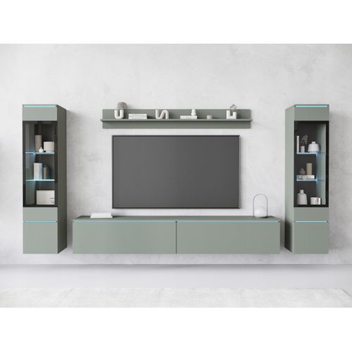 Ensemble Salon 4 Éléments LED: TV 180 + 2 Vitrines + Étagère, Vert Brumeux