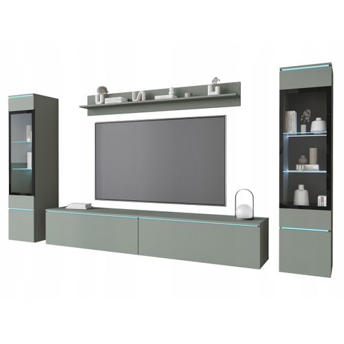 Ensemble Salon 4 Éléments LED: TV 180 + 2 Vitrines + Étagère, Vert Brumeux
