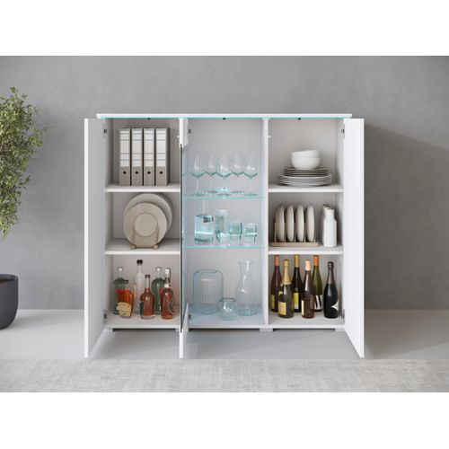 Vitrine Haute 120 Cm LED 3 Portes, Blanc Mat / Blanc Brillant