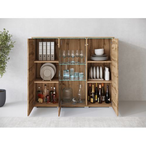 Vitrine Haute 120 Cm LED 3 Portes, Chêne Wotan