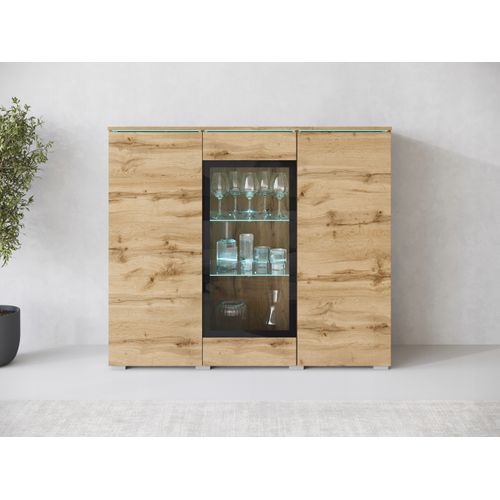 Vitrine Haute 120 Cm LED 3 Portes, Chêne Wotan
