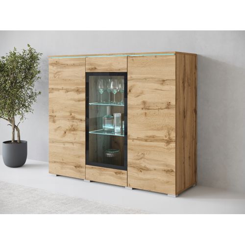 Vitrine Haute 120 Cm LED 3 Portes, Chêne Wotan