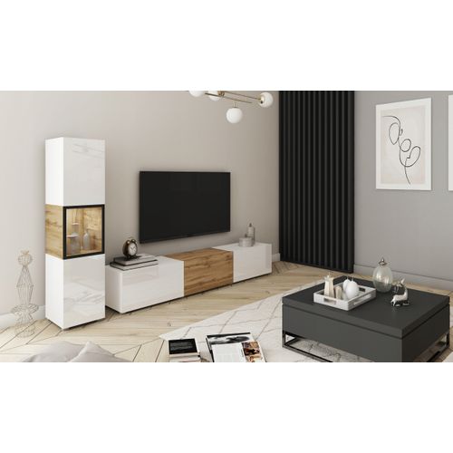 Mur TV LED 180 Cm Vitrine Blanc Mat / Blanc Brillant Insert Wotan