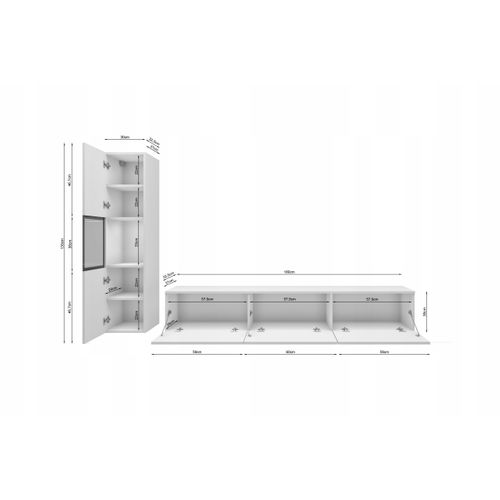 Mur TV LED 180 Cm Vitrine Blanc Mat / Blanc Brillant Insert Wotan