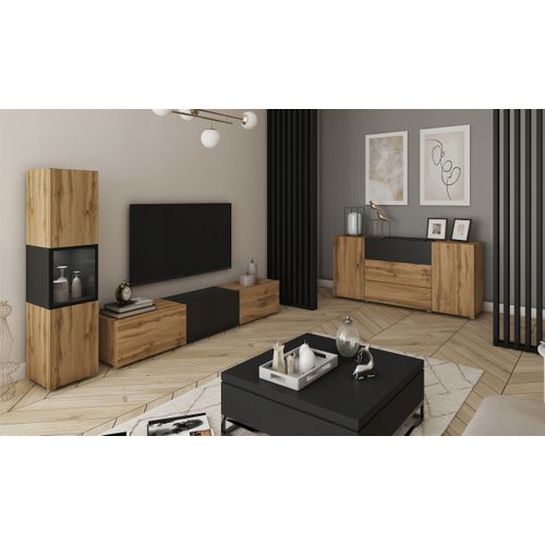 Mur TV LED 180 Cm Vitrine Chêne Wotan / Noir Mat