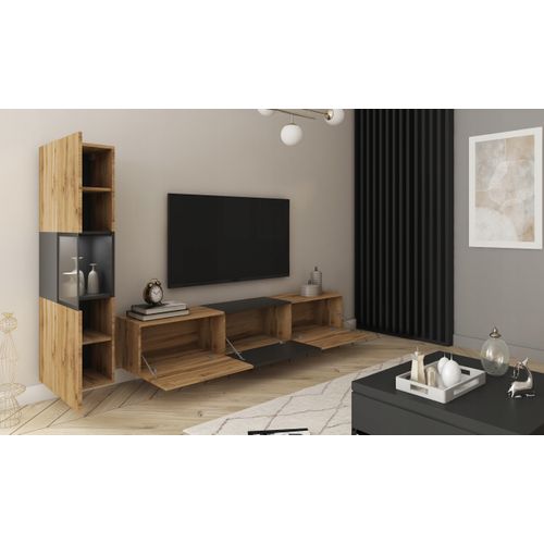 Mur TV LED 180 Cm Vitrine Chêne Wotan / Noir Mat