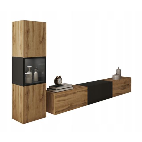 Mur TV LED 180 Cm Vitrine Chêne Wotan / Noir Mat