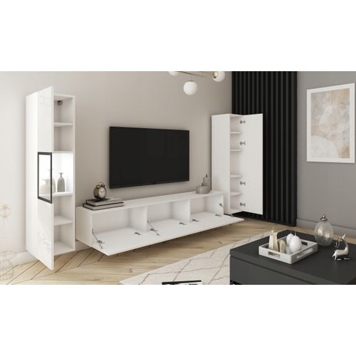 Mur TV LED 180 Cm Vitrine + Colonne Blanc Mat / Blanc Brillant