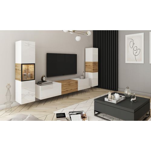 Mur TV LED 180 Cm Vitrine + Colonne Blanc Mat / Blanc Brillant Insert Wotan