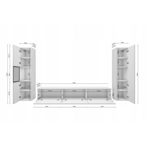 Mur TV LED 180 Cm Vitrine + Colonne Blanc Mat / Blanc Brillant Insert Wotan